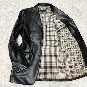 未使用級 バーバリーブルーレーベル【希少L 漂う高級感】BURBERRY BLUE LABEL テーラードジャケット ノバチェック 牛革 レザー ブラック L