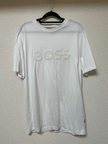 【美品】テリークロスBOSSロゴ コットンジャージー レギュラーフィット Tシャツ 白 カットソー 半袖 