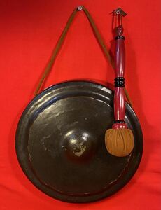 茶道具『銅羅（径24cm)＋バチ』銅鑼 茶事 茶会 ゴング 打楽器 合図 古民具 元軍銅鑼 