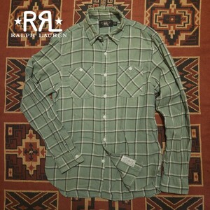 【名作】 RRL Green Plaid Work Shirt 【M】 グリーン プラッド ワークシャツ チェック ネルシャツ 緑 黒 白 マチ付き Ralph Lauren