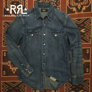 【名作】 RRL Indigo Denim Western Shirt 【M】 インディゴ デニム ウエスタン シャツ 肉厚 シルバー コンチョ 本藍染 Ralph Lauren