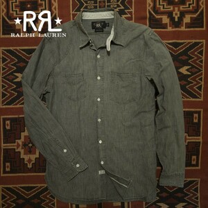 【激渋】 RRL Black Chambray Shirt 【S】 ブラック シャンブレー シャツ 黒 マチ付き ショルダーパッチ 武骨 Ralph Lauren