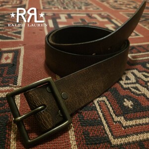 【逸品】 RRL Distressed Leather Belt 【32】 ディストレスト レザー ベルト 肉厚 鞣し 牛革 真鍮 ダークブラウン ゴールド Ralph Lauren