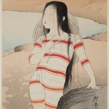 X097. 【寺崎広業】 「美人の海水浴」・【鏑木清方】 「春粧」 彫師 義久 木版画 美人画 二点 / 絵画美術品_画像3