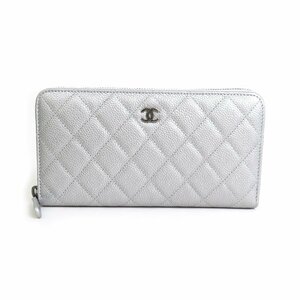 シャネル CHANEL ラウンドファスナー長財布 マトラッセ キャビアスキンレザー シルバー 99783g