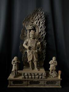 井波彫刻　特大型高113cm 仏教工芸品　香樟材　古美術　時代彫刻　木彫仏教　精密彫刻 仏師で仕上げ品　不動明王三尊立像一式