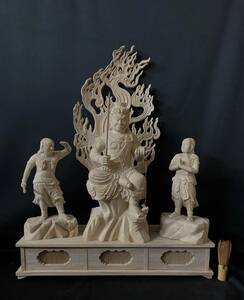 井波彫刻　大型高70cm 仏教工芸品　香樟材　木彫仏教　精密彫刻 仏師で仕上げ品　不動明王三尊座像