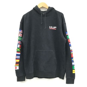 ▼▼ HUF FLAGS PULLOVER HOODIE 国旗 パーカー ブラック SIZE L やや傷や汚れあり