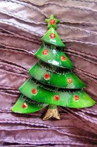 ヴィンテージ：オレンジカラーストーン、グリーンカラーのクリスマスツリーブローチ 4-20