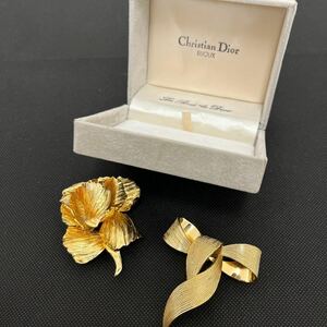 【2個セット】Christian Dior クリスチャン ディオール ブローチ フラワー 花 リボン ゴールドカラー 金色