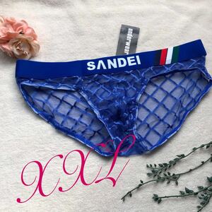 新品 メンズ　XXLサイズ　SANDEI ブルー　チェック　レース　sexy シースルー 　ショーツ エロカッコいい ビキニブリーフ
