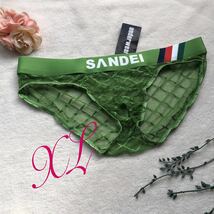 新品 メンズ　XLサイズ　SANDEI グリーン　チェック　レース　sexy シースルー 　ショーツ エロカッコいい ビキニブリーフ_画像1