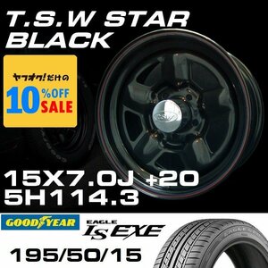 スター 15インチ タイヤホイールセット 4本 TSW STAR ブラック 15X7J+20 5穴114.3 GOODYEAR LS EXE 195/50R15
