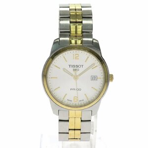 1円スタート 稼働品 TISSOT ティソ PR100 T049410 コンビ デイト クォーツ QZ ラウンドフェイス 3針 純正ベルト シルバー文字盤 メンズ