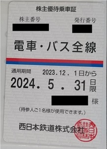 西日本鉄道（西鉄）株主優待乗車証（定期券タイプ）電車・バス全線■簡易書留無料