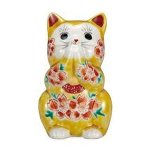 九谷焼！ ☆黄釉桜・お祈り猫３．２号☆ K8-1459 新品 商売繁盛 縁起物 千客万来 開運 置物 招き猫 ギフト_画像2