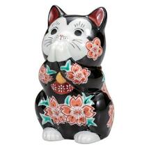 九谷焼！ ☆黒釉桜・お祈り猫３．８号☆ K8-1461 新品 商売繁盛 縁起物 千客万来 開運 置物 招き猫 ギフト_画像1