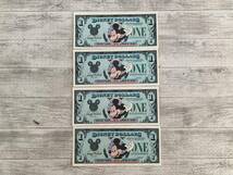 aネコポス Disney Dollars ディズニーダラー 1989年 紙幣 1＄ 4枚 未使用 美品 袋汚れ有 _画像1