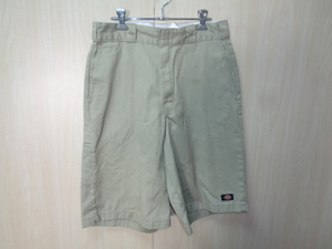 b138◆DICKIES ルーズフィット ワークショーツ◆ディッキーズ ｗ32 カーキ フラットフロント ハーフパンツ 42283KH US古着 5K