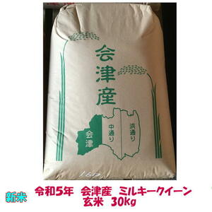 新米　玄米30kg　令和５年産　会津　ミルキークイーン　大袋（精米小分け不可）東北関西送料無料　石抜き　色選処理済