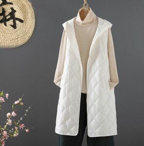  including in a package 1 ten thousand jpy free shipping #M-2XL size # long height the best with a hood . light weight cotton inside down vest jacket outer easy long coat * white 