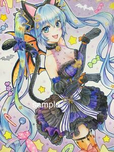 初音ミク　ハロウィン 手描きイラスト　印刷ポスター　A4