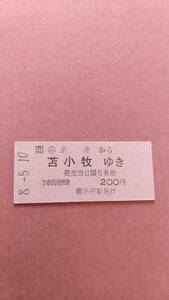 JR北海道　室蘭本線　(ム)糸井から苫小牧ゆき　200円　(簡)糸井駅発行
