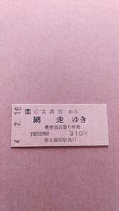 JR北海道　石北本線　(ム)女満別から網走ゆき　310円　(簡)女満別駅発行