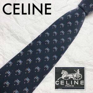 ■美品■CELINE セリーヌ　ネクタイ　金具　ドット　球体　総柄　シルク100% スペイン製　ネイビー　ビジネス