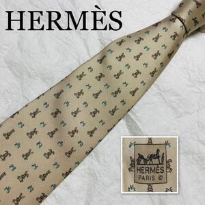 ■美品■希少デザイン■HERMES エルメス　ネクタイ　うさぎ　ラビット　草原　総柄　シルク100% フランス製　ベージュ