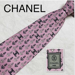 ■美品■CHANEL シャネル　ネクタイ　ココマーク　錨　イカリ　総柄　シルク100% イタリア製　ピンク