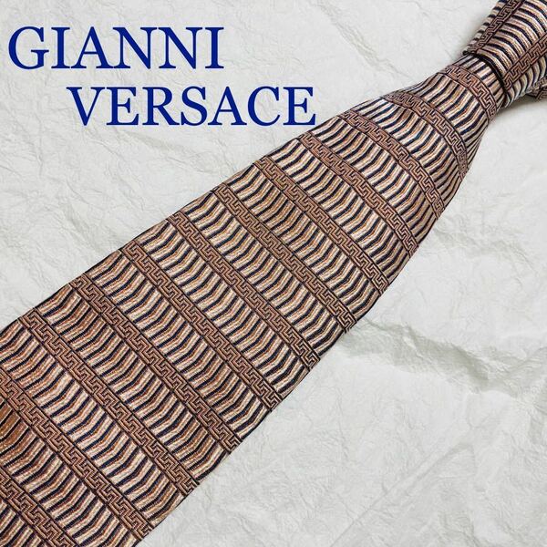 ■美品■GIANNI VERSACE ヴェルサーチ　ネクタイ　ギリシャ雷文　ボーダー×ストライプ　シルク100% イタリア製　ピンク系