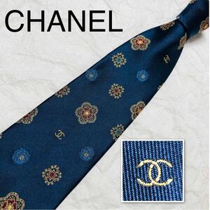 ■美品■CHANEL シャネル　ネクタイ　カメリア　花柄　ココマーク　総柄　シルク100% イタリア製　ブルー系