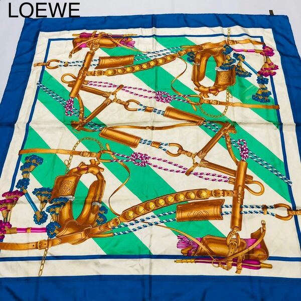 LOEWE ロエベ　大判スカーフ　シルク100% イタリア製　馬具　ストライプ　総柄　マルチカラー