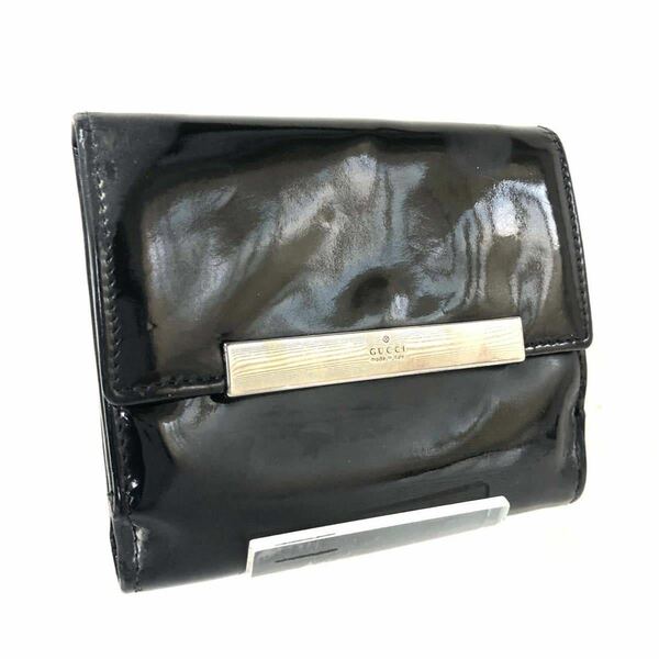 GUCCI グッチ　三つ折り財布　エナメル　レザー　ロゴプレート　イタリア製　刻印あり　ブラック　シルバー金具