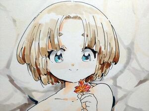 手描きイラスト オリジナル A4 女の子 温泉