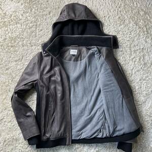 A03 美品!!希少XL★アルマーニコレツォーニ ARMANI COLLEZIONI ライダースジャケット 最高級ラムレザー ニット切替 羊革 ブラウン 50