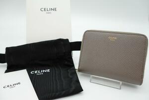 【箱・保存袋付】美品！ セリーヌ CELINE 財布 グレージュ 二つ折り財布 ゴールド金具 コンパクト ジップド ウォレット ミニ財布