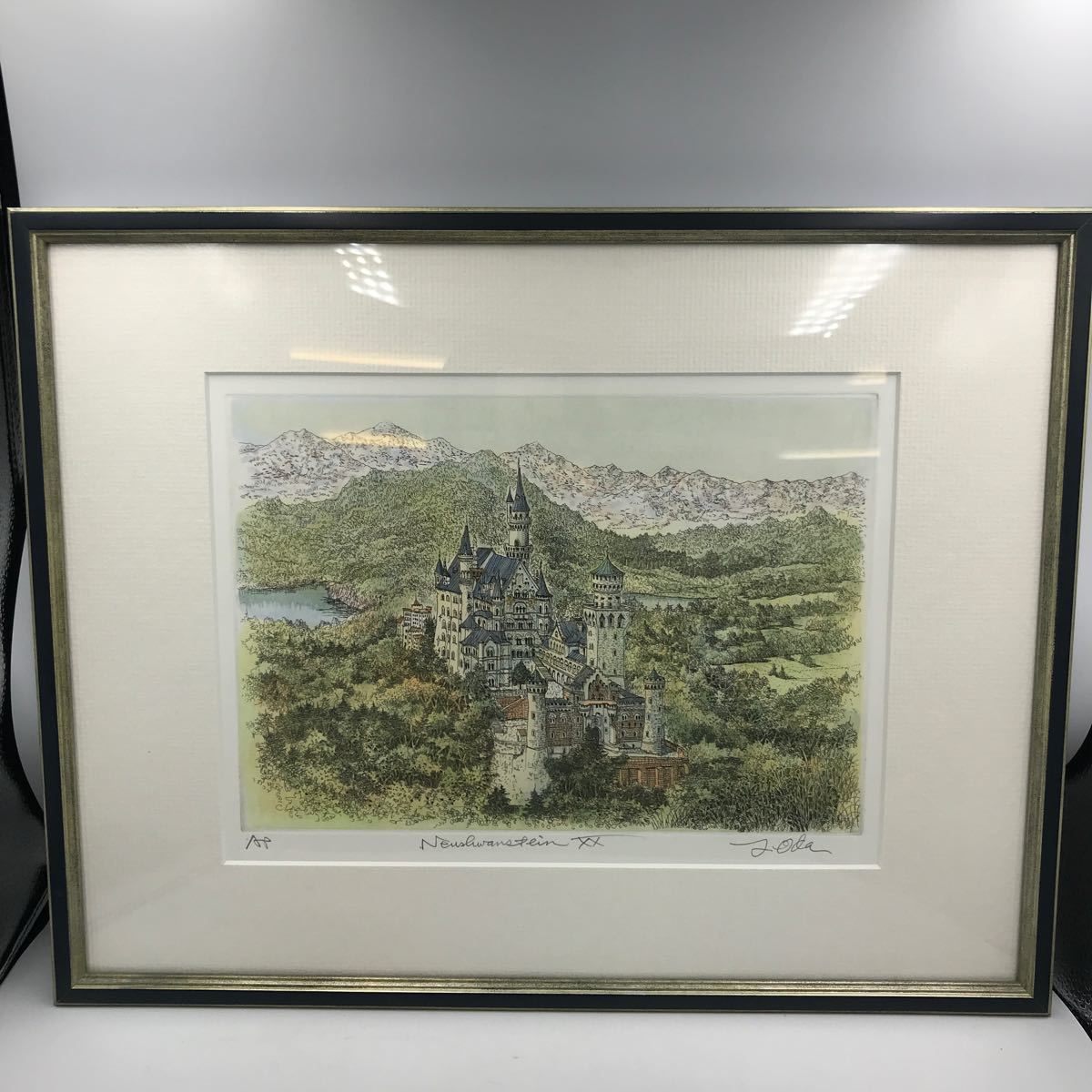 11-21■Yoshiro Oda Copperplate Engraving Hand Colored Etching Search] Landscape Painting Good Condition Painting Fine Art Painter Work Framed Neuschwanstein Castle Current Condition, artwork, print, copperplate print, etching