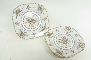 O306-Y30-413 ROYAL ALBERT ロイヤルアルバート PETIT POINT プチポワン スクエア プレート 3枚 四角皿 ケーキ皿 現状品①