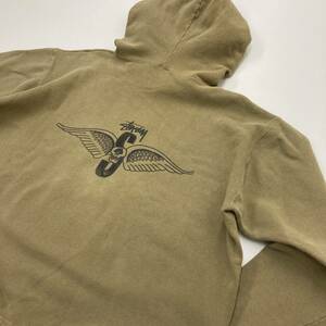 80s OLD STUSSY USA製 スカル ウィング スウェット パーカー VINTAGE カーキ Mサイズ ステューシー フーディ ビンテージ オールド 2080283