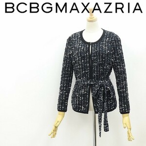 美品◆BCBG MAXAZRIA マックスアズリア ツイードニット リボンベルト付 カーディガン 黒 ブラック XS