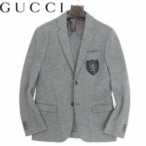 美品 国内正規品 定価28万●GUCCI グッチ カシミヤ混 ウール 紋章 エンブレム 2釦 ブレザー ジャケット グレー 46 R_画像1