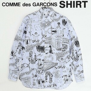 フランス製◆COMME des GARCONS SHIRT コムデギャルソン ストライプ柄 イラストデザイン コットン 長袖 シャツ S