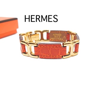 【希少】HERMES エルメス Hロゴ Hモチーフ ブレスレット ゴールド金具 Y刻印 1995年製 クロコダイル ポロサス ∧刻印 オレンジ 送料込