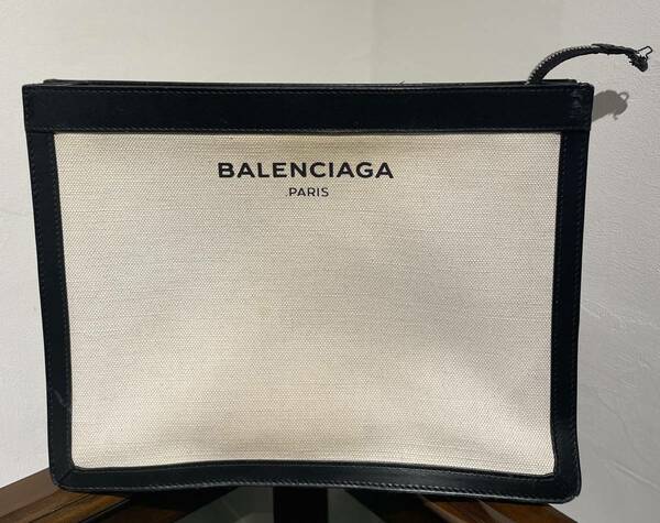 BALENCIAGA バレンシアガ クラッチバッグ セカンドバッグ 410119 キャンバス レザー アイボリー ブラック 黒 軽量 マチあり 革 イタリア製