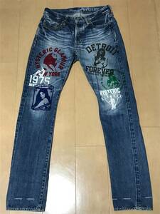 HYSTERIC GLAMOUR ヒステリックグラマー SP加工 カレッジプリント ストレッチ デニム 12.5oz ジンバブエ セルビッチ デニム