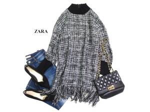 ザラ ZARA WOMAN 大人可愛い☆ ツイード バックファスナー ハイネック フリンジ プルオーバーチュニックワンピース M