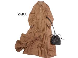 ザラ ZARA 大人可愛い☆ コットン 綿 プリーツ デザインロングマキシシャツワンピース 羽織にも L