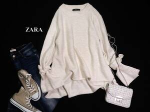 ザラ ZARA KNIT 大人可愛い☆ クルーネック 前後差 袖先スリットリボン ニットプルオーバー セーター S